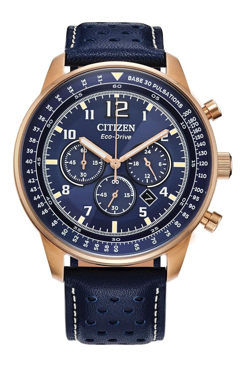 Eco-Drive Leather Strap Chronograph Watch, 44mm, Main, color, BLUE