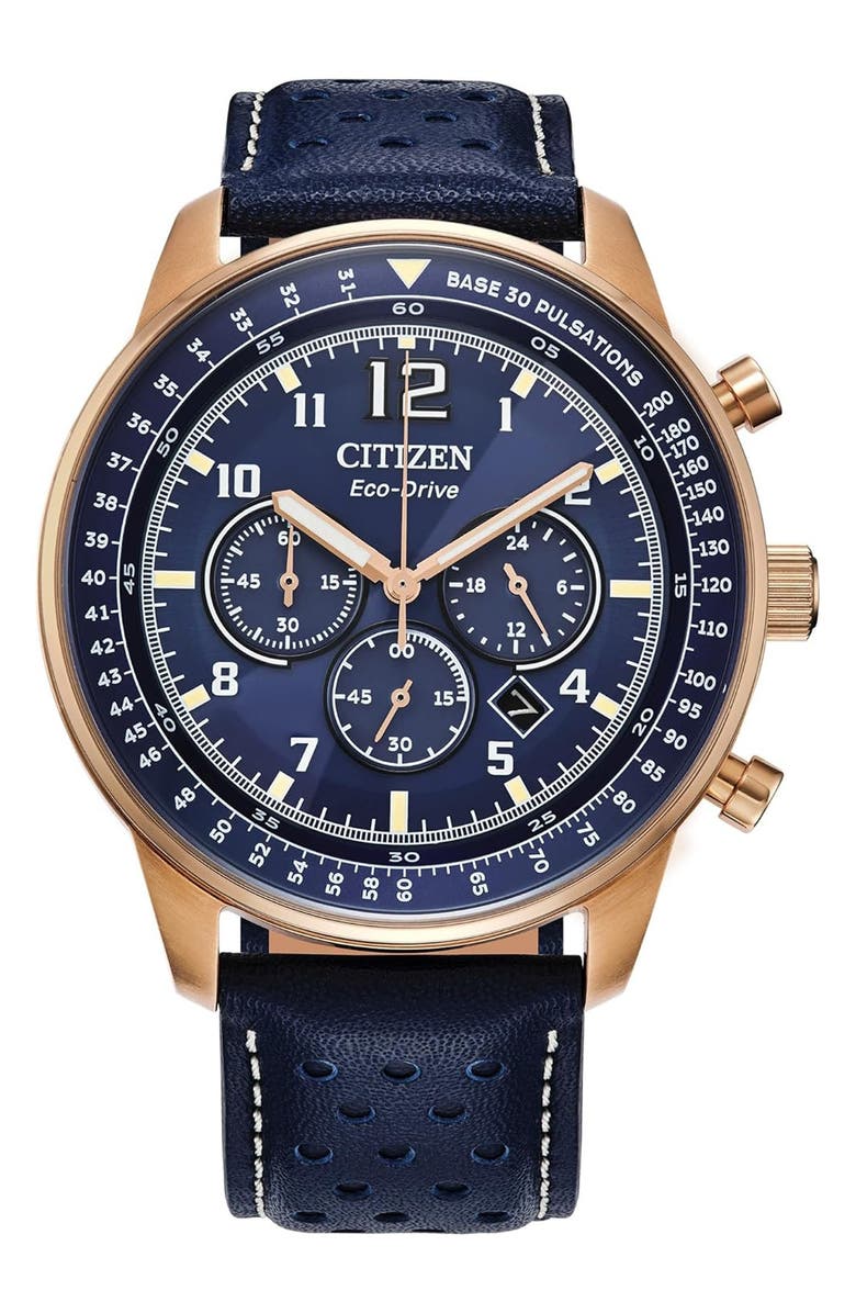Citizen Eco-Drive Leather Strap Chronograph Watch, 44mm, Main, color, Blue
