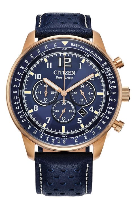 Eco-Drive Leather Strap Chronograph Watch, 44mm