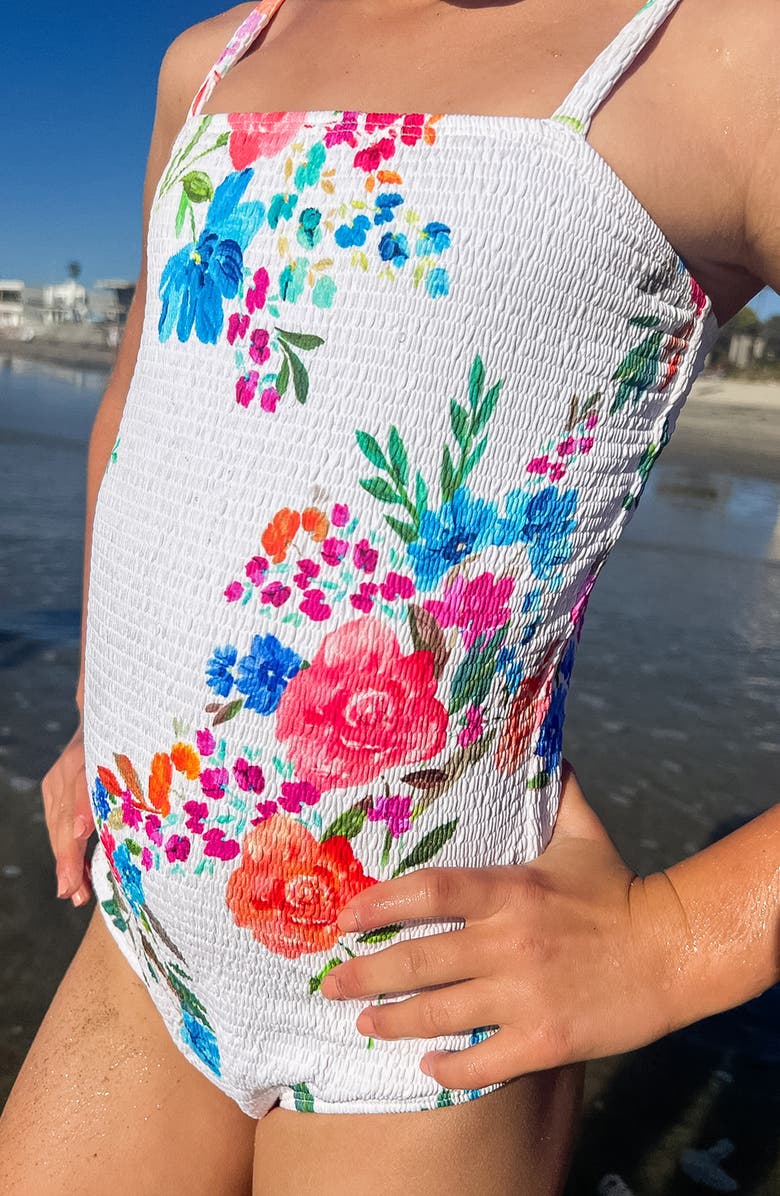 PQ SWIM Kids' Zoey Smocked One-Piece Swimsuit, Alternate, color, Florencia