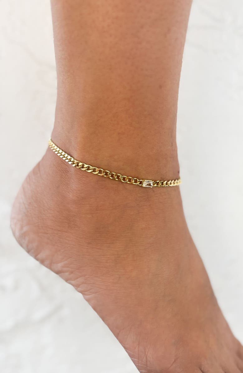 Adornia 14K Gold Plated Crystal Curb Chain Anklet, Alternate, color, Gold