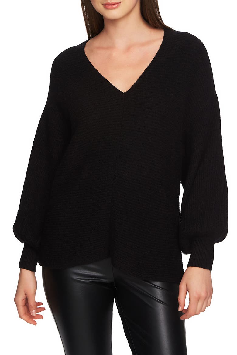 Blouson Sleeve V-Neck Sweater, Main, color, RICH BLACK