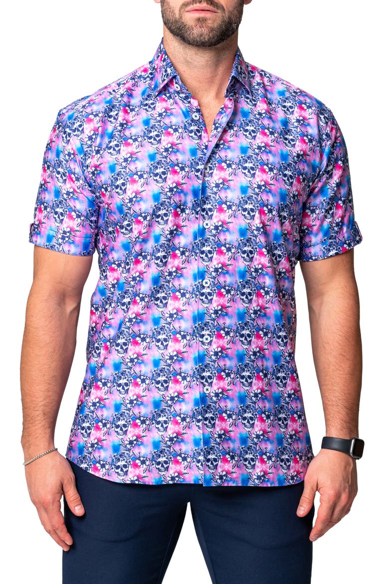 Galileo Flower Skull Regular Fit Short Sleeve Button-Up Shirt, Main, color, PINK