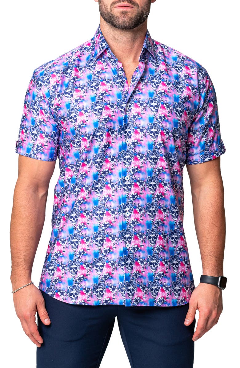Maceoo Galileo Flower Skull Regular Fit Short Sleeve Button-Up Shirt, Main, color, Pink