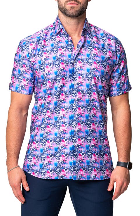 Galileo Flower Skull Regular Fit Short Sleeve Button-Up Shirt