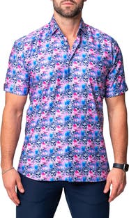 Maceoo Galileo Flower Skull Regular Fit Short Sleeve Button-Up Shirt