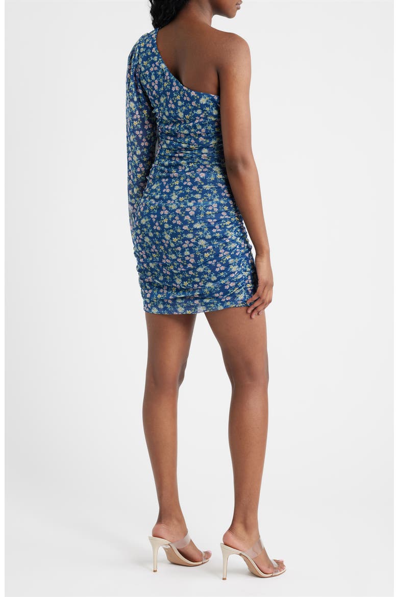 Print Mesh Shirred One-Shoulder Dress, Alternate, color, NAVY
