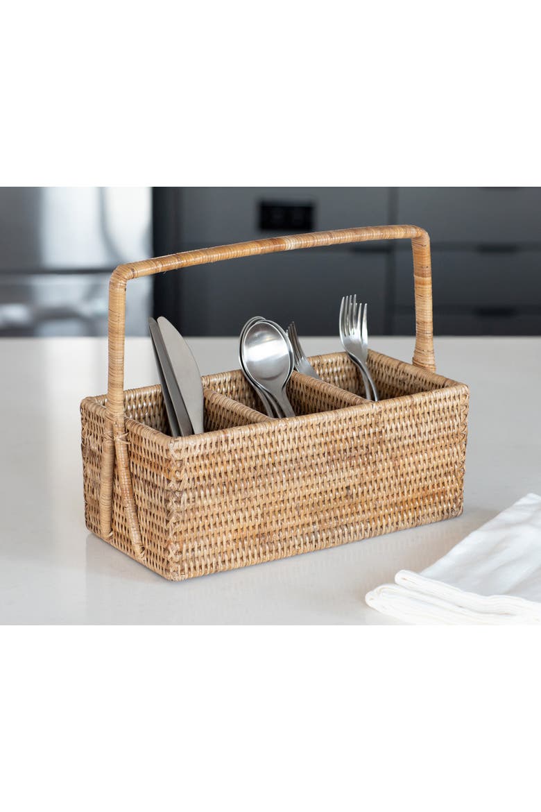 Rattan 3-Section Cutlery Caddy with Handle, Alternate, color, Honey Brown