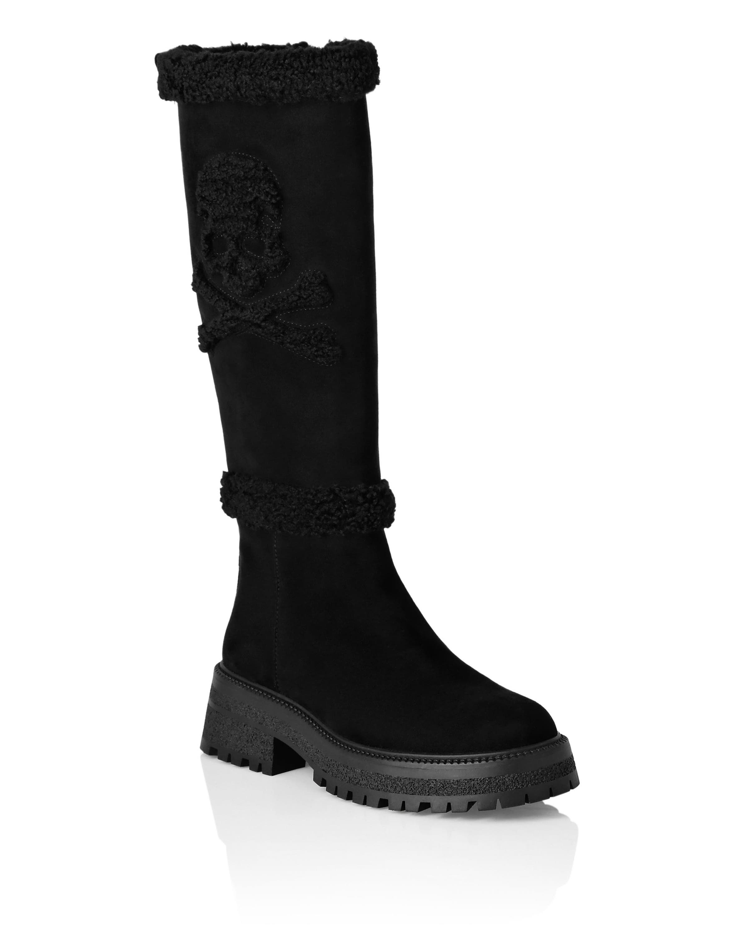 Mid Flat Boots Skull & Bones Women, Main, color, black