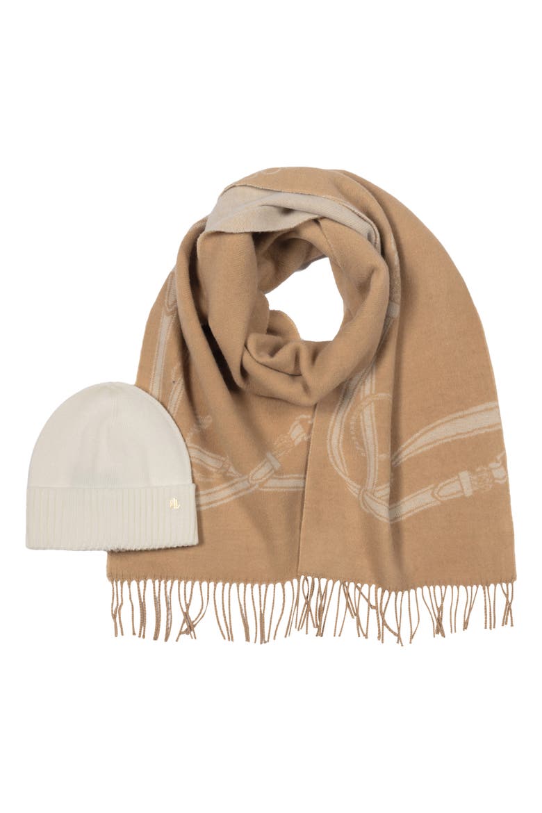 Equestrian Scarf & Beanie Set, Main, color, LAUREN CAMEL