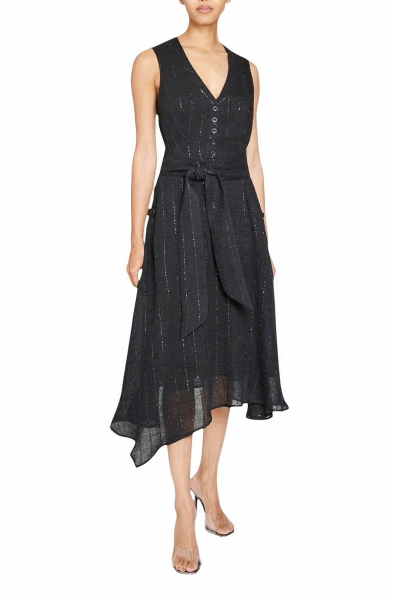 Nia Sleeveless Midi Dress with Asymmetric Hemline and Button Details in Metallic Striped Linen, Alternate, color, BLACK