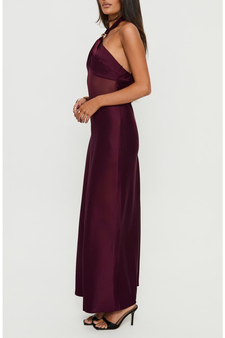 Rosario Sheer Panel Satin Halter Gown, Alternate, color, PLUM