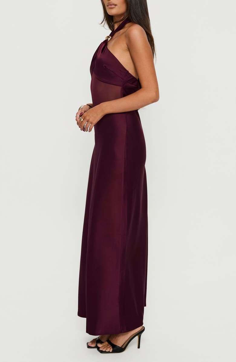 Princess Polly Rosario Sheer Panel Satin Halter Gown, Alternate, color, Plum