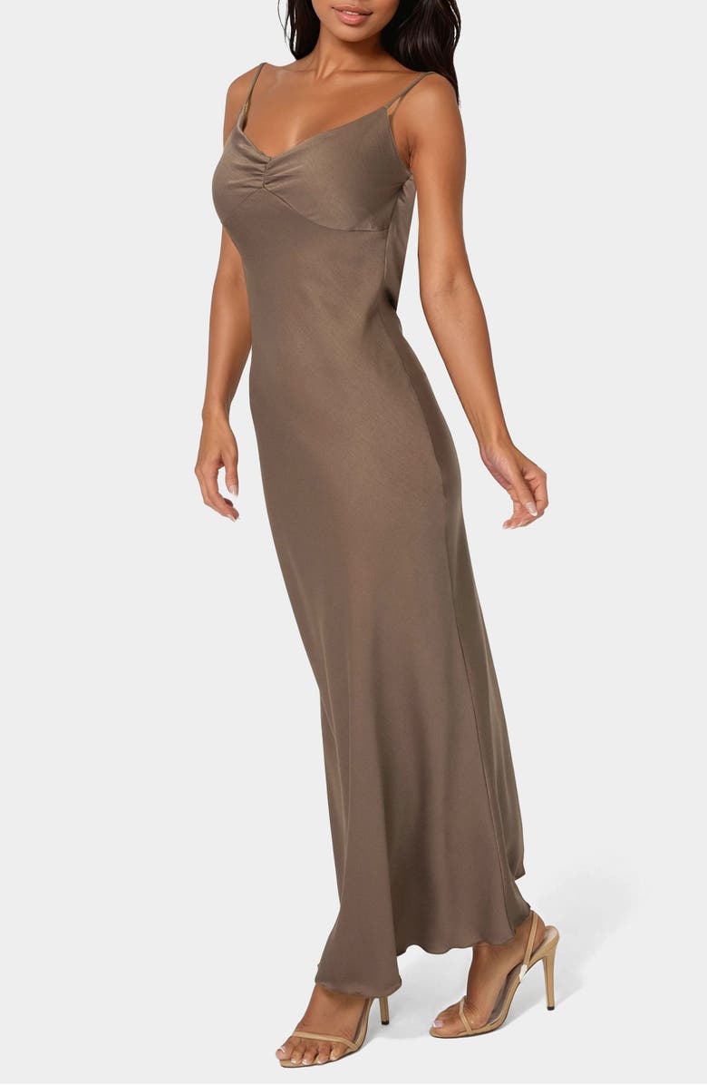 bebe Cey Crepe Draped Back Maxi Slipdress, Alternate, color, Mocha