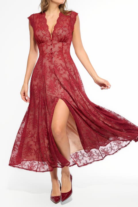 Shapewear Boho Floral Lace Front Slit Maxi Dress