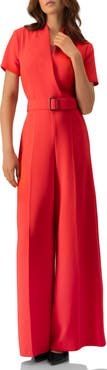 IVONNE Red Wide-Leg Belted Jumpsuit