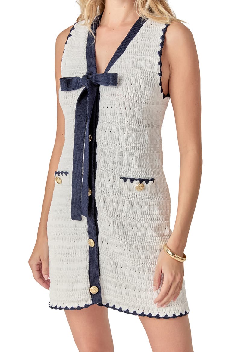 Contrast Trim Open Stitch Tie Neck Cotton Dress, Alternate, color, WHITE/ NAVY