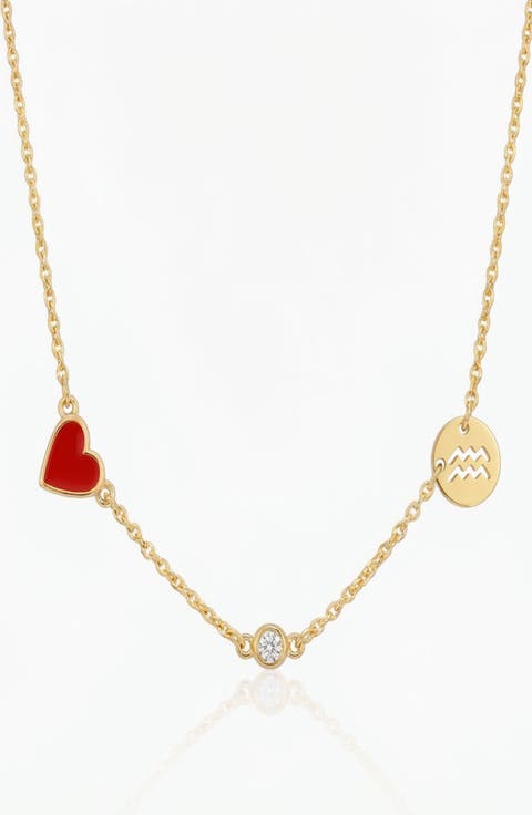 Inez Red Heart Necklace with Diamond & Zodiac Sign