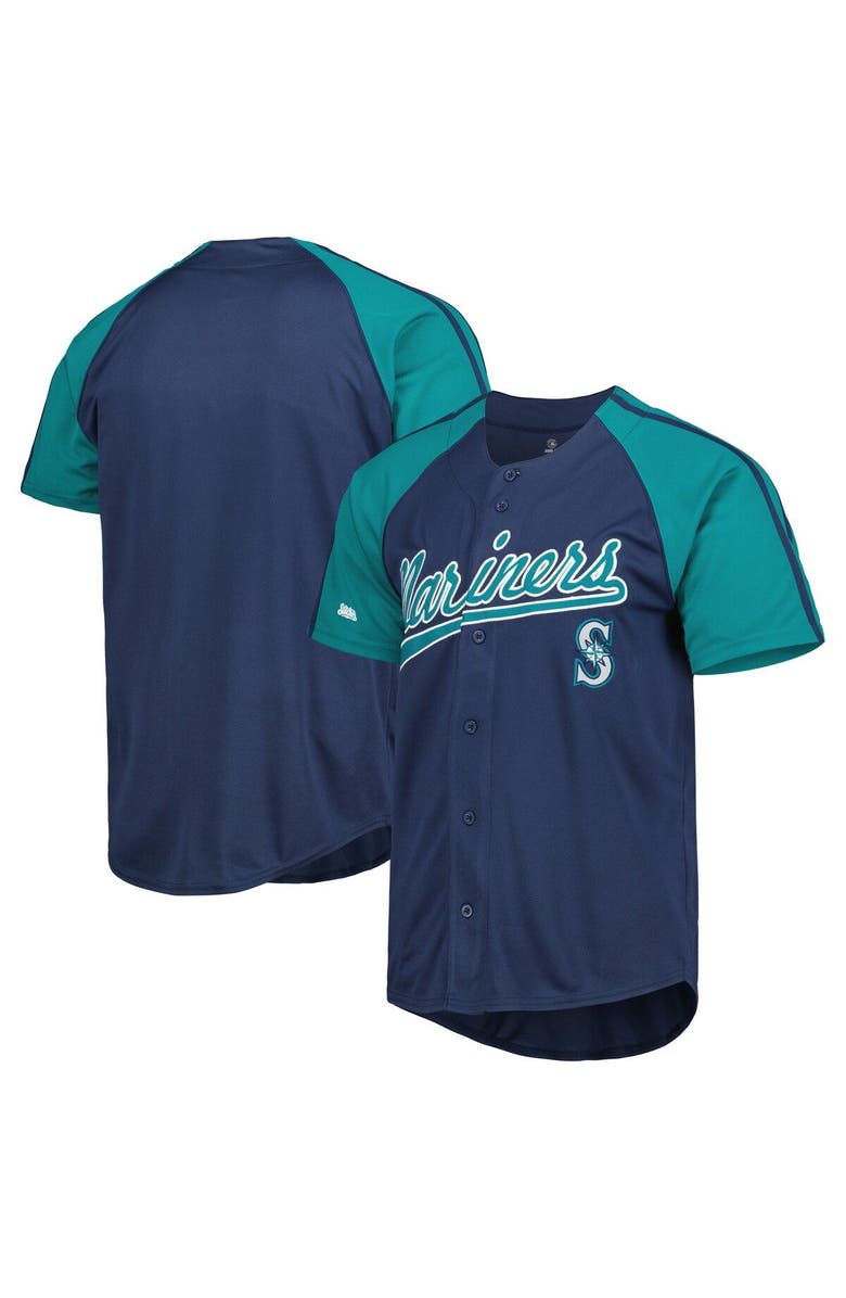 STITCHES Men's Stitches Navy Seattle Mariners Button-Down Raglan Fashion Jersey, Main, color,