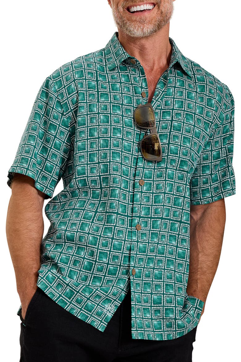 Torres Tiles Printed Silk Camp Shirt, Main, color, DEEP SEA TEAL