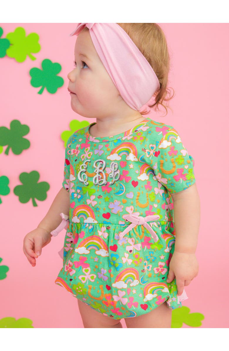 RuffleButts Knit Short Sleeve Bow Bubble Romper, Alternate, color, Green Lucky Day