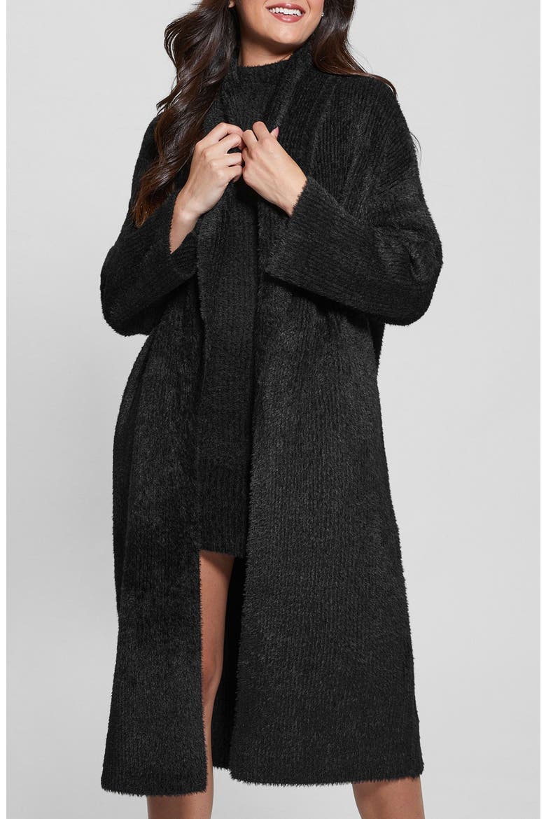 Vero Fuzzy Shawl Collar Longline Cardigan, Main, color, JET BLACK
