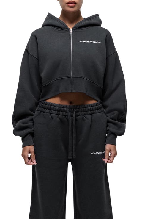 Vintage Black Crop Zip Hoodie