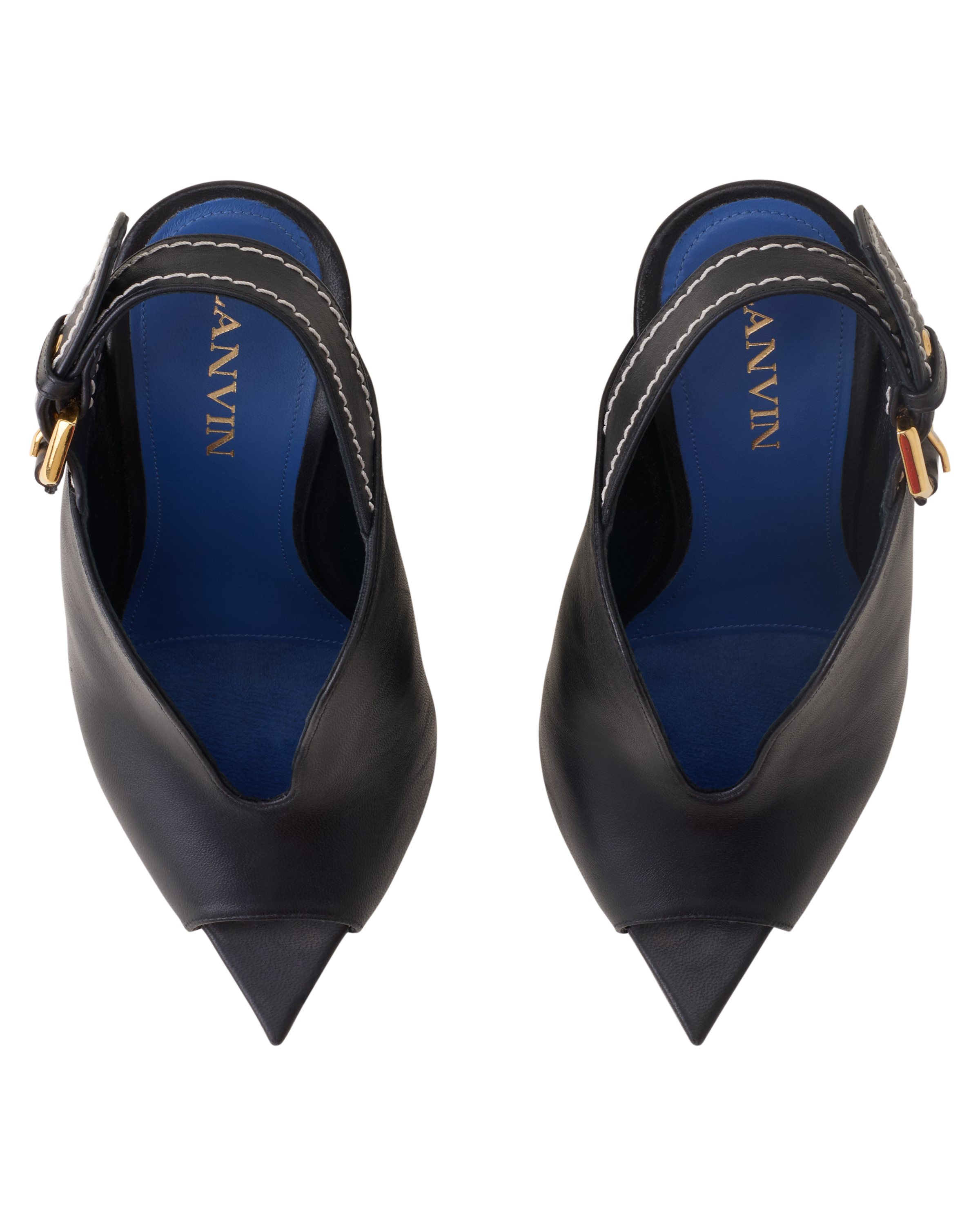 Lanvin Buckle Arch Heeled Leather Mules, Alternate, color, Black