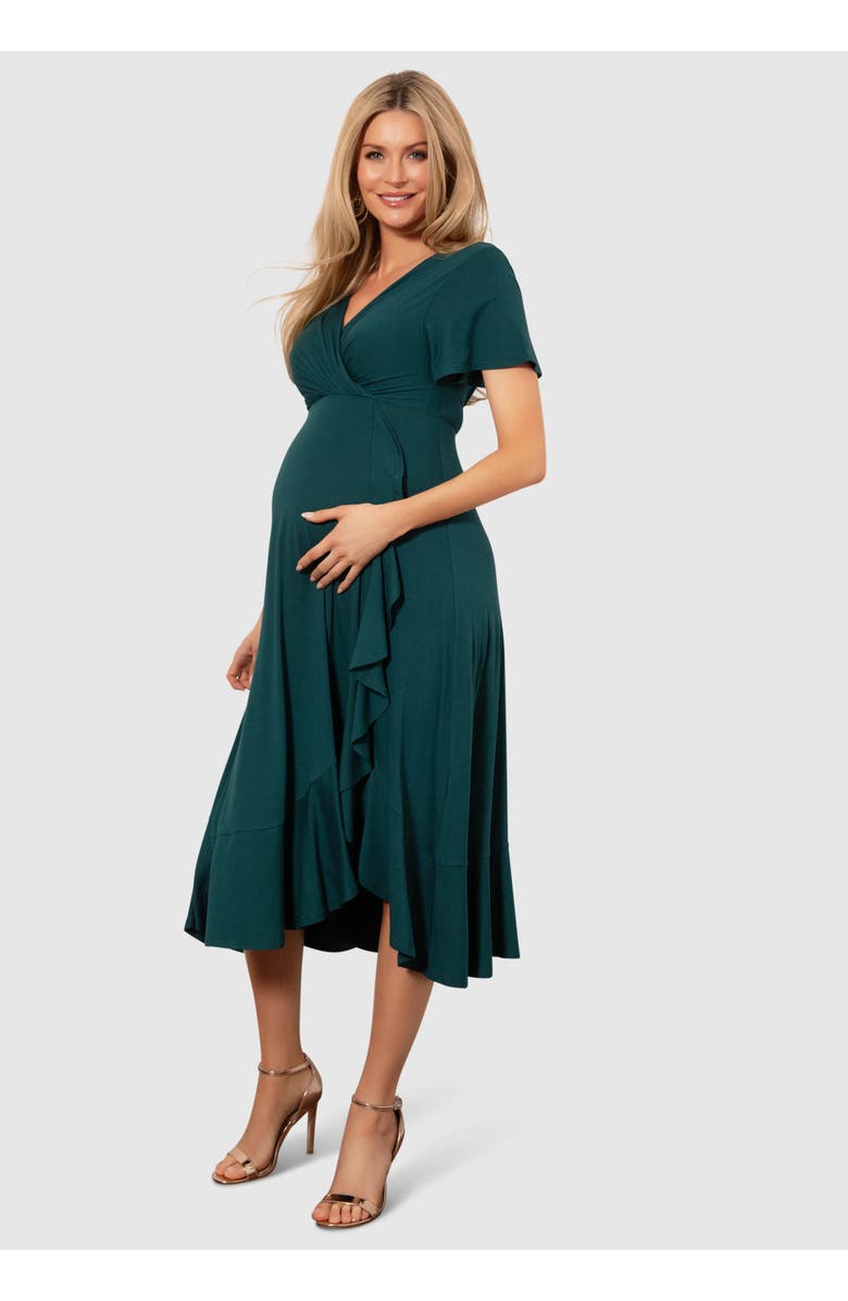 Tiffany Rose Maternity Waterfall Midi Maternity Dress, Main, color, Deep Green