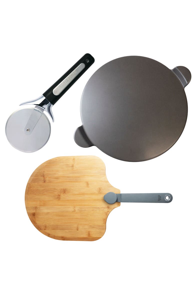 Glazed Pizza Stone, Pizza Peel, and Pizza Cutter Set, Main, color, Bamboo/Cordierite