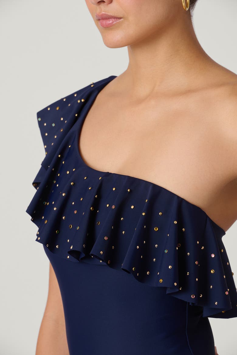 Embellished One Shoulder Ruffle One Piece, Alternate, color, Navy
