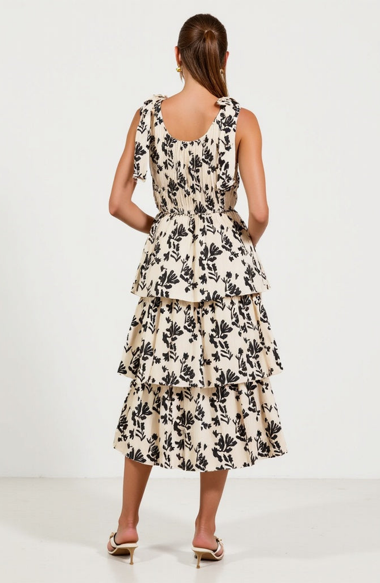 Modenaire Smocked Tiered Midi Dress with Bow-Tie Straps, Alternate, color, Ivory / Black Floral