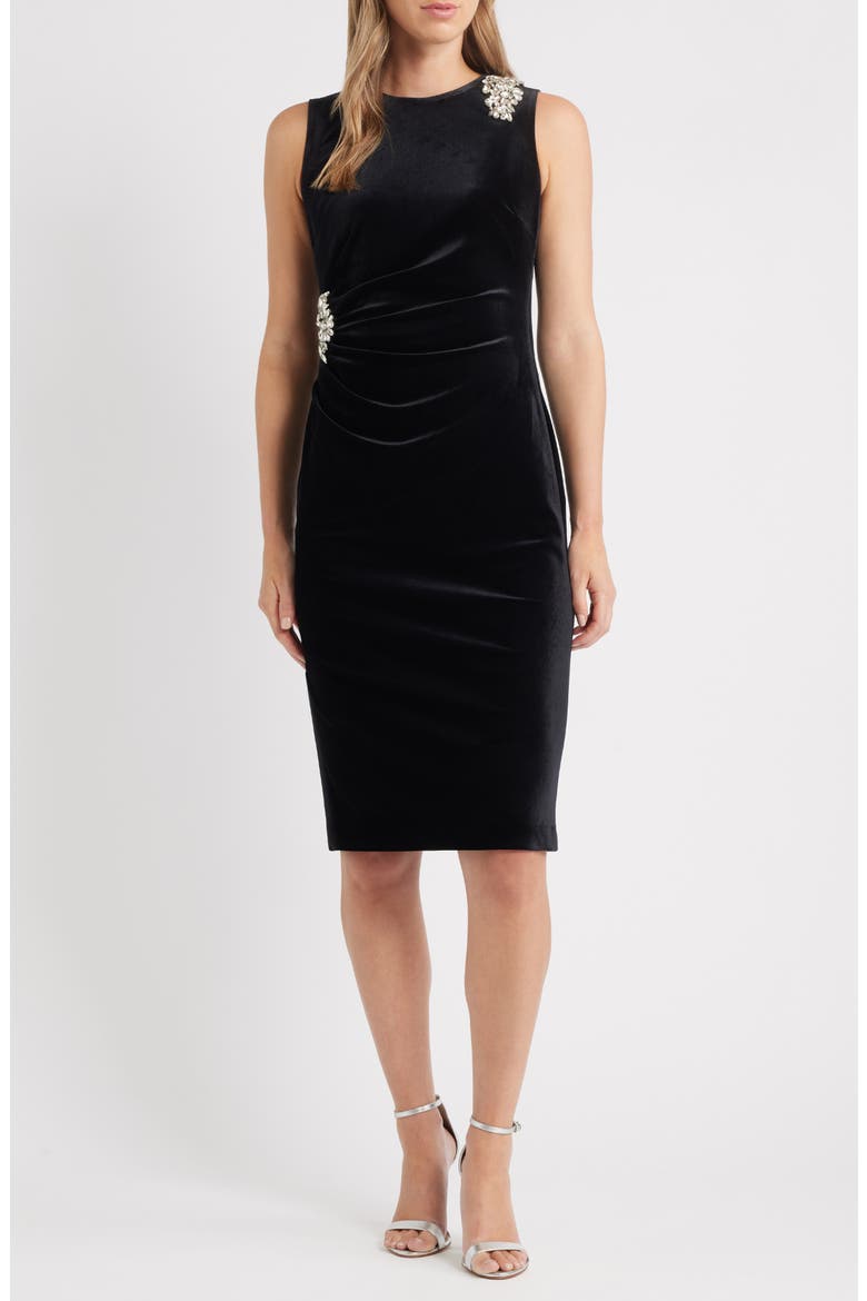 Rhinestone Detail Velvet Sheath Dress, Main, color, ANNE BLACK