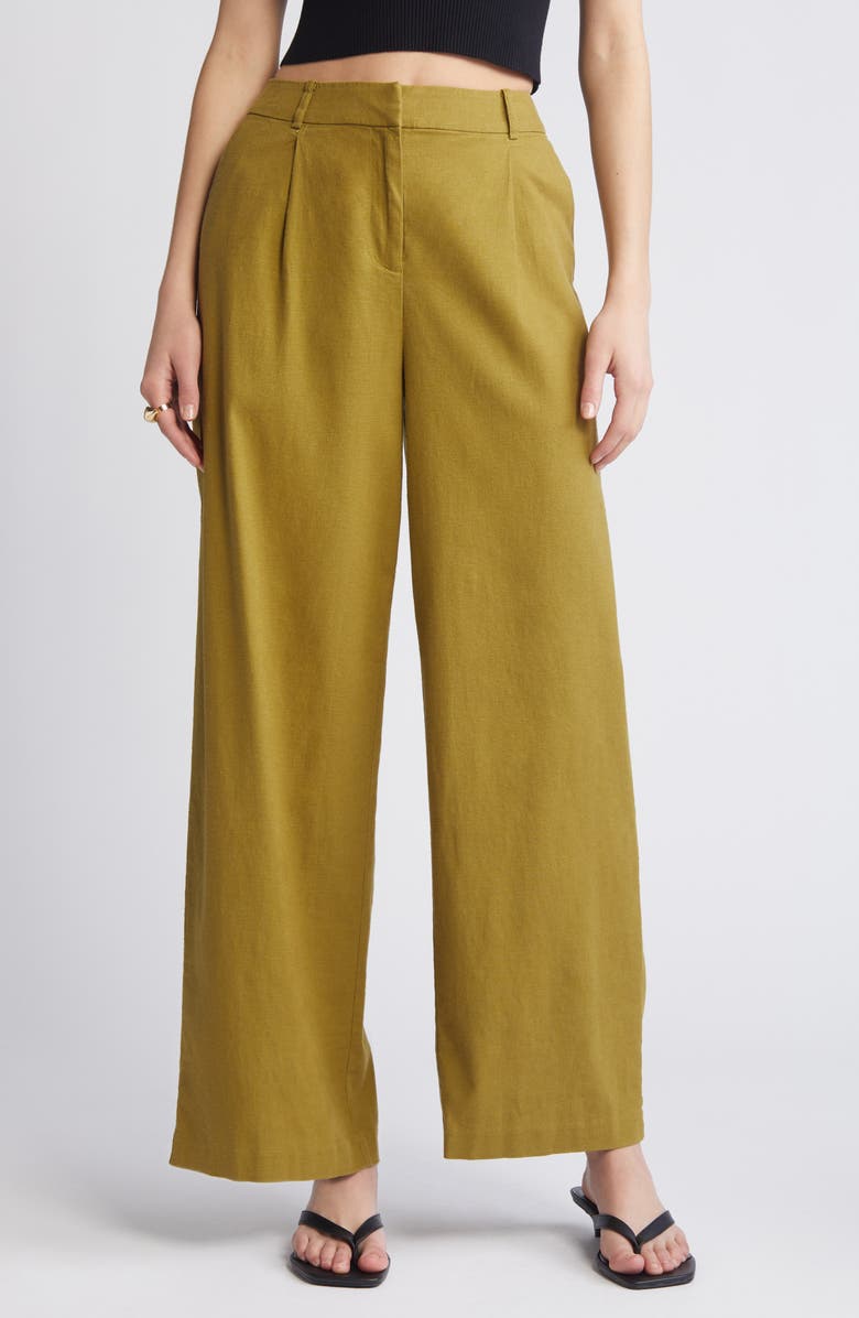Open Edit Wide Leg Linen Blend Pants, Main, color, Olive Eyes