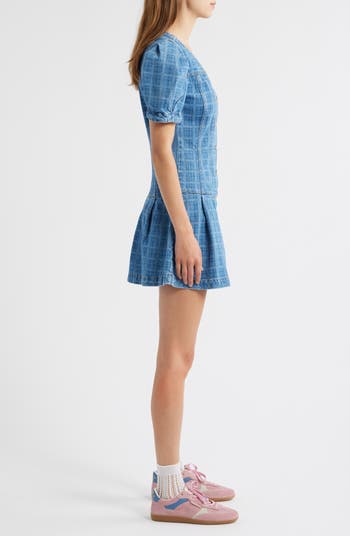 Adeline Grid Puff Sleeve Denim Minidress