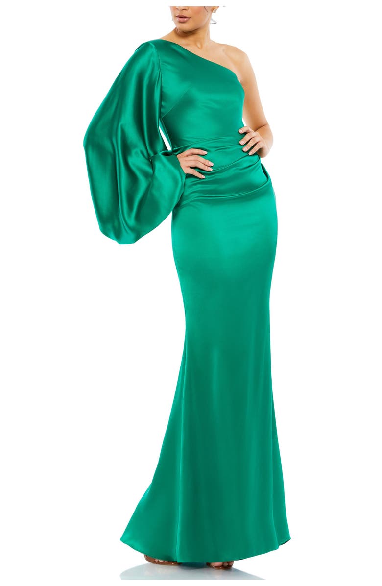 Mac Duggal Satin One Shoulder Puff Sleeve Gown, Main, color, Emerald