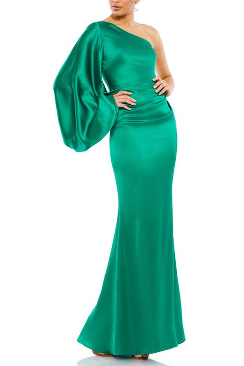 Satin One Shoulder Puff Sleeve Gown