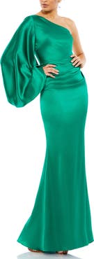 Mac Duggal Satin One Shoulder Puff Sleeve Gown