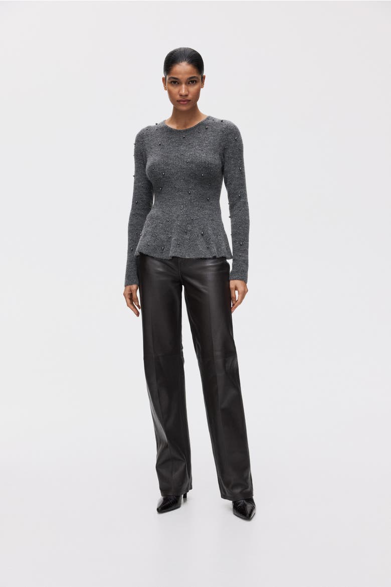 Bead-embellished Peplum Top, Alternate, color, Gray melange