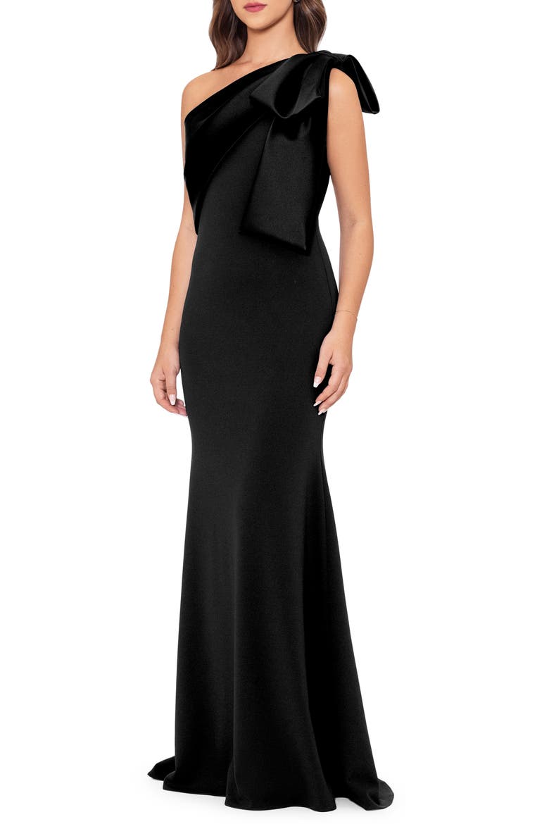 Satin Bow Crepe Mermaid Gown, Alternate, color, BLACK