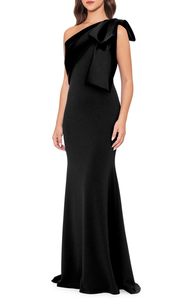 Betsy & Adam Satin Bow Crepe Mermaid Gown, Alternate, color, Black