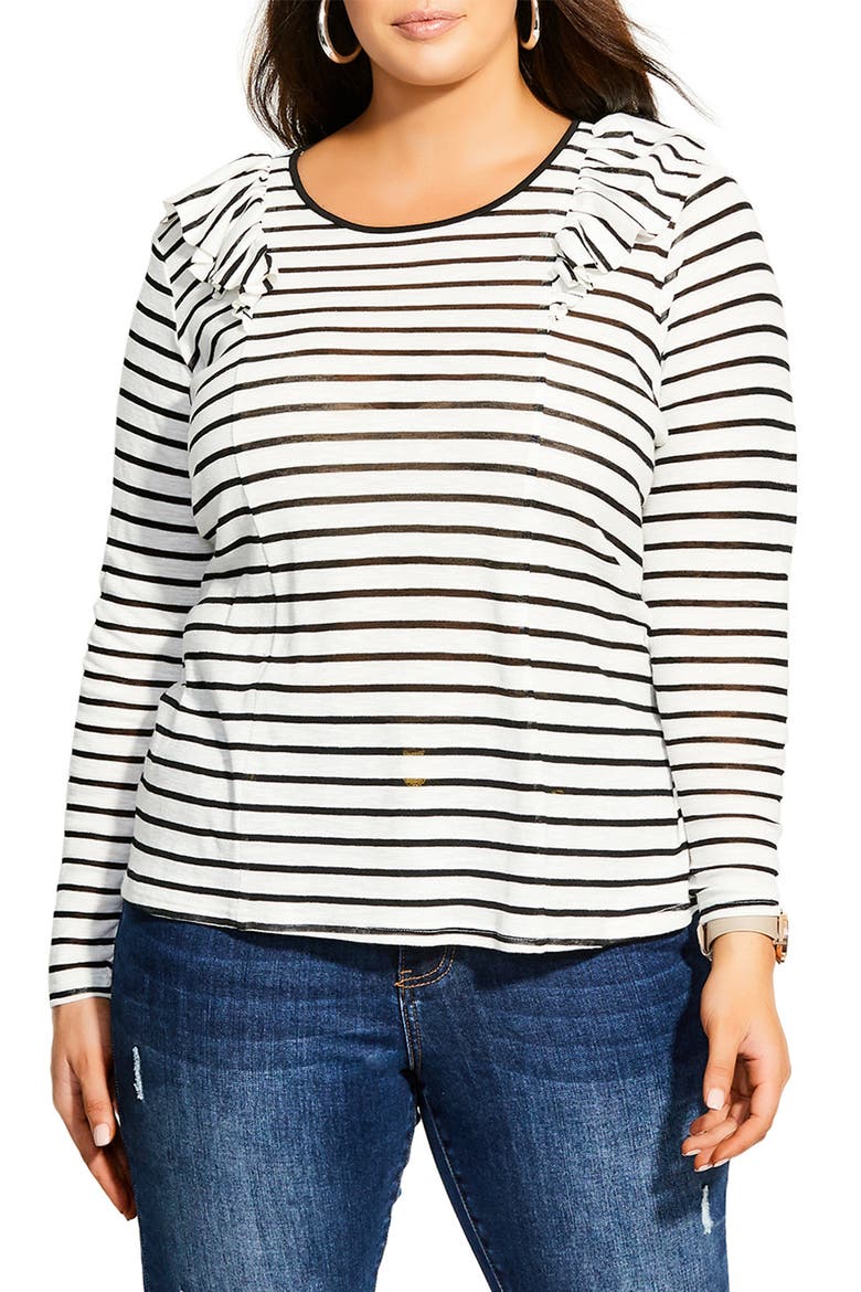 Nautical Ruffle Long Sleeve Tee, Main, color, BLACK STRIPE