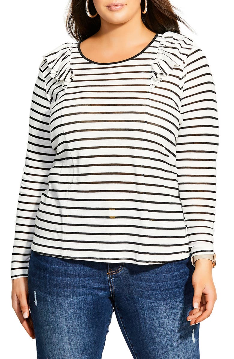 City Chic Nautical Ruffle Long Sleeve Tee, Main, color, 