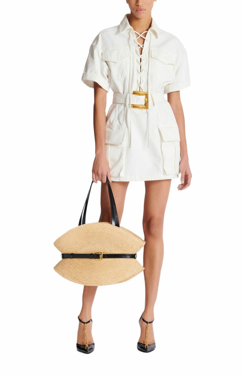 Balmain Short Lace-Up Canvas Dress, Alternate, color, White