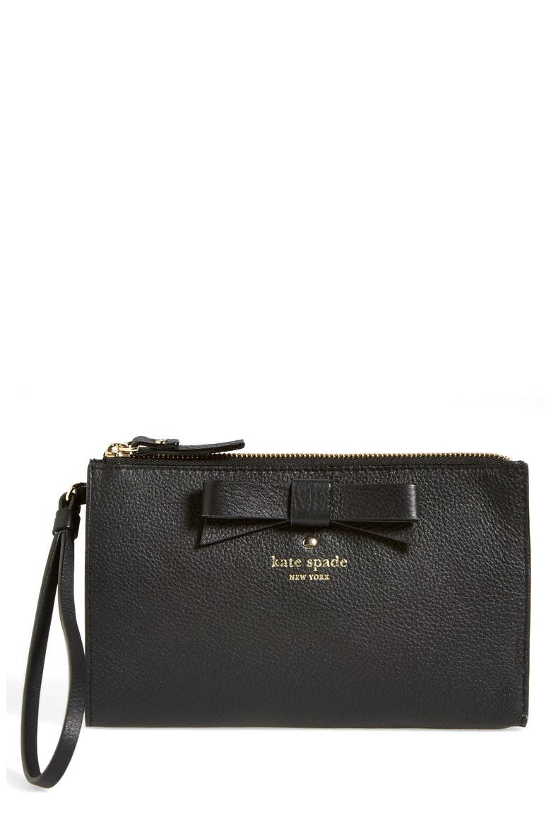 'north court - bow leyna' pebbled leather wristlet clutch (Nordstrom Exclusive), Main, color, BLACK