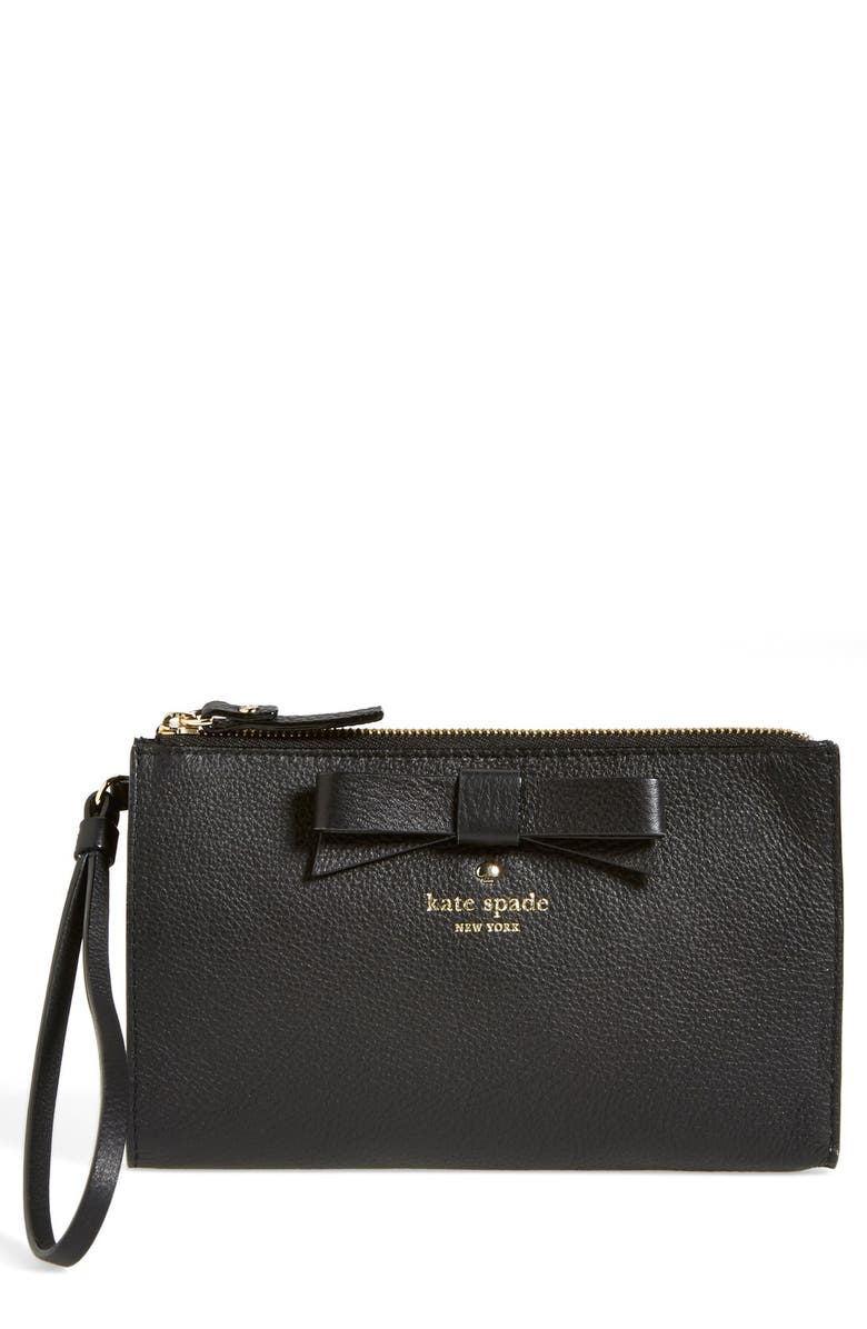 Kate Spade New York 'north court - bow leyna' pebbled leather wristlet clutch, Main, color, 