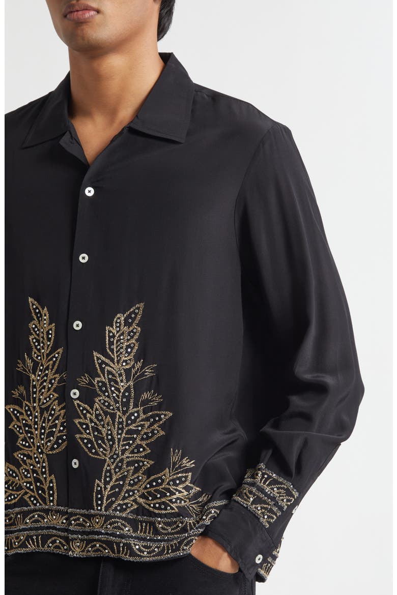 Beaded Epoque Silk Button-Up Shirt, Alternate, color, BLACK