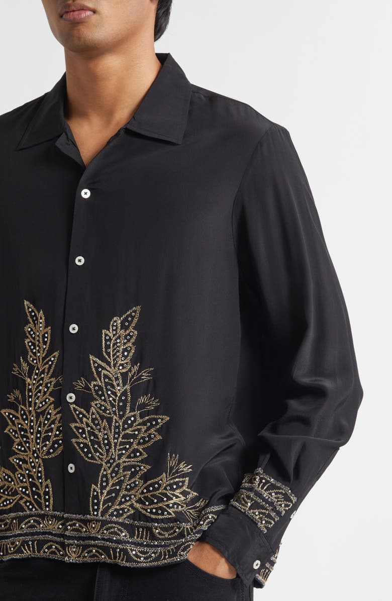Bode Beaded Epoque Silk Button-Up Shirt, Alternate, color, Black