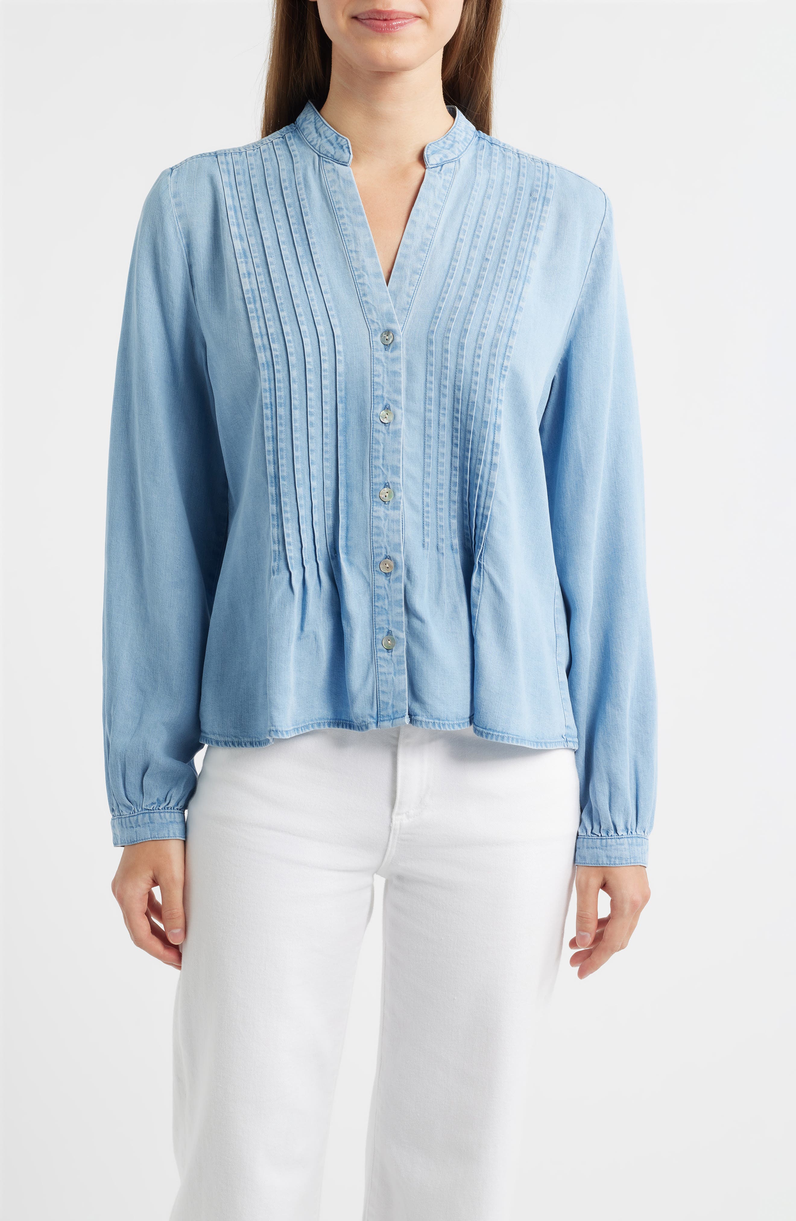 Pintuck Chambray Button-Up Shirt