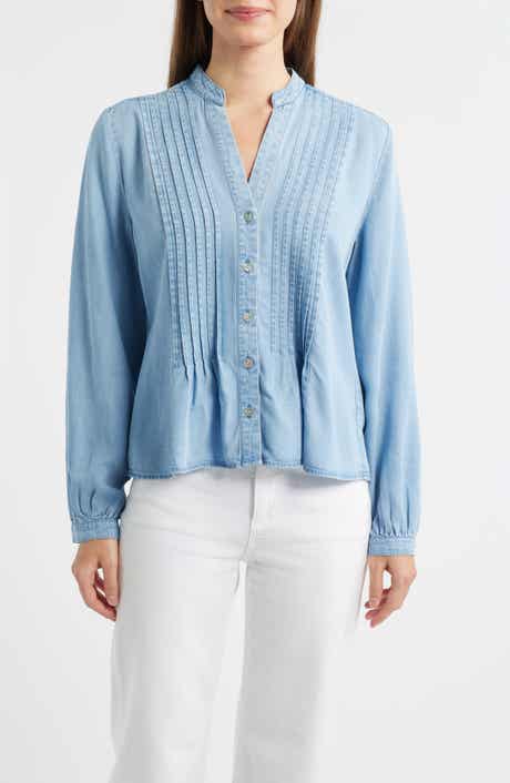 Pintuck Chambray Button-Up Shirt